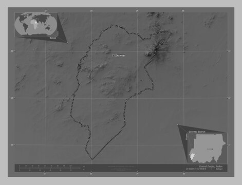 Central Darfur, Sudan. Grayscale. Labelled points of cities