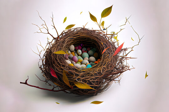 Empty bird nest, mix color, realistic. Generative Ai