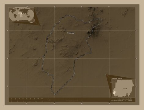 Central Darfur, Sudan. Sepia. Labelled points of cities