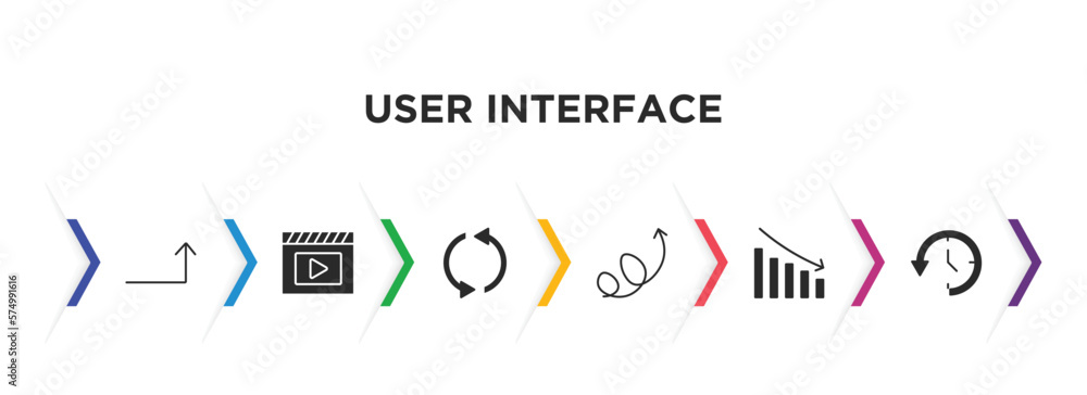Poster user interface filled icons with infographic template. glyph icons such as turn up arrow, movie play