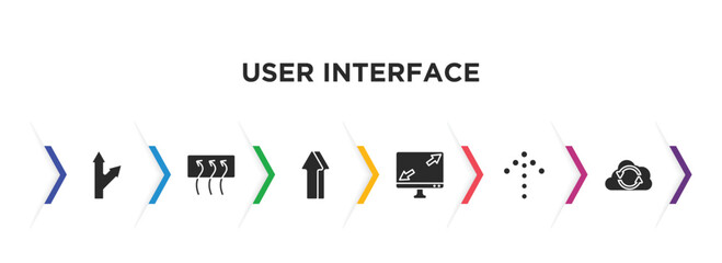 Fototapeta na wymiar user interface filled icons with infographic template. glyph icons such as detour, rear window defrost, 3d up arrow, display size, dotted up arrow, back up vector.
