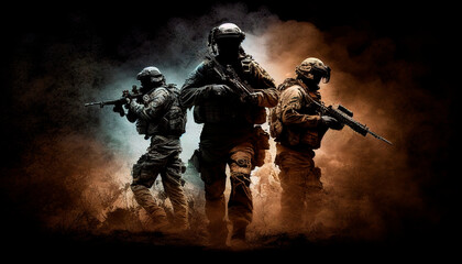 Military Tactical Special Squad Special Forces Unit, Equipped Armed Soldiers, Full Gear, Wartime, Battlefield Epic Scene