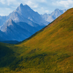 Fototapeta premium Mountain landscape with green grass and blu sky