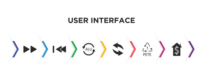 user interface filled icons with infographic template. glyph icons such as forward button, rewind, alu, refresh arrows, 1 pete, house value vector.