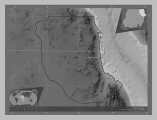 Red Sea, Sudan. Grayscale. Labelled points of cities