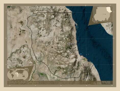 Red Sea, Sudan. High-res satellite. Labelled points of cities
