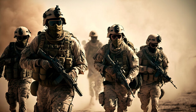 Group of Soldiers Running through a desert, Military Tactical Special Squad Special Forces Unit, Equipped Armed Soldiers, Full Gear, Wartime, Battlefield Epic Scene concept art