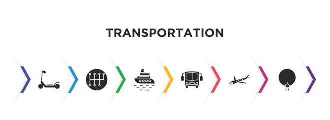 transportation filled icons with infographic template. glyph icons such as scooter, gear box, yacht, bus, jumbo jet, electric car vector.