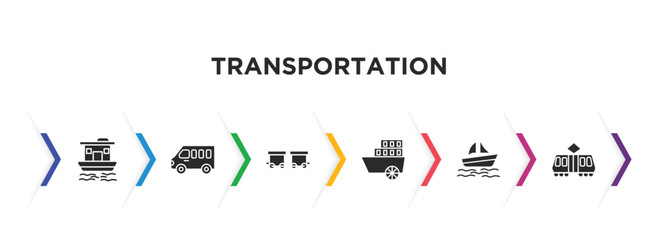transportation filled icons with infographic template. glyph icons such as houseboat, minibus, wagon, paddlewheeler, pt boat, tramway vector. - obrazy, fototapety, plakaty