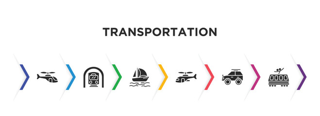 transportation filled icons with infographic template. glyph icons such as helicopter profile, train in a tunnel, catamaran, military helicopter, all terrain, light rail vector.