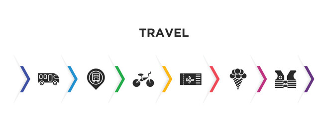 travel filled icons with infographic template. glyph icons such as motorhome, bus stop, bike, boarding pass, icecream, lifejacket vector.