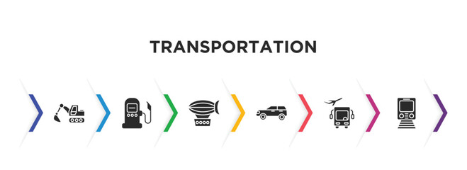 transportation filled icons with infographic template. glyph icons such as excavators, fuel dispenser, zeppelin, suv, airport shuttle, metro vector.
