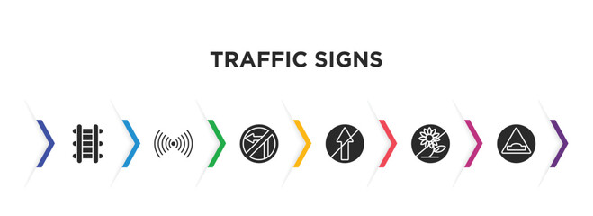 traffic signs filled icons with infographic template. glyph icons such as railway, , no turn right, no straight, no picking flowers, humps vector.
