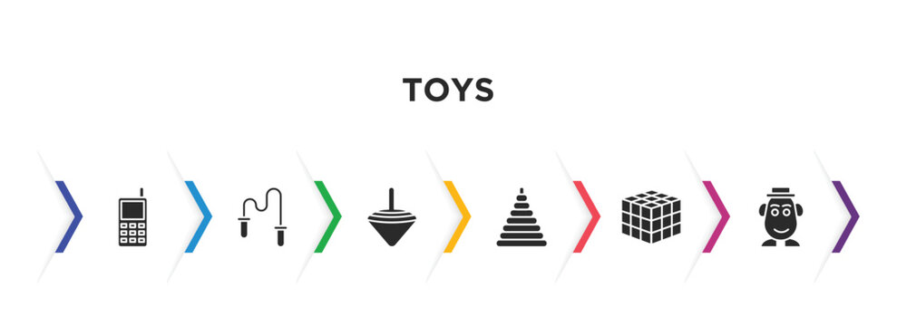 toys filled icons with infographic template. glyph icons such as phone toy, skipping rope toy, spinning top toy, circle thinking game mrs potato vector.