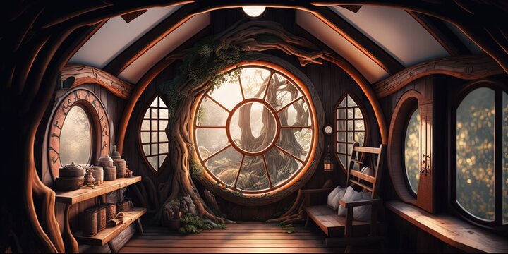 The interior of a Hobbit house located inside a wooden hut in the forest, Generative AI