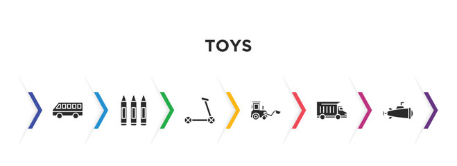 toys filled icons with infographic template. glyph icons such as bus toy, crayons toy, scooter toy, digger dump truck submarine vector.