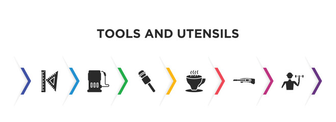 tools and utensils filled icons with infographic template. glyph icons such as squad, fuel oil bomb service, microphone voice tool, cup of tea, paper cutter, exercise with dumbbells vector.