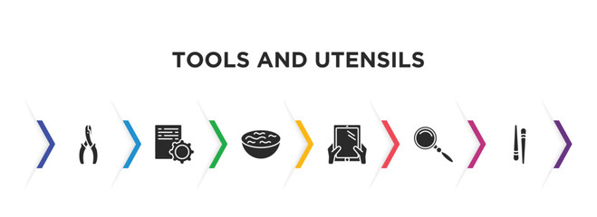 tools and utensils filled icons with infographic template. glyph icons such as wire cutter, program tings, water bowl, tablet with hand, searching tool, chopsticks vector.