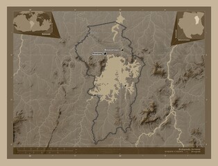 Brokopondo, Suriname. Sepia. Labelled points of cities