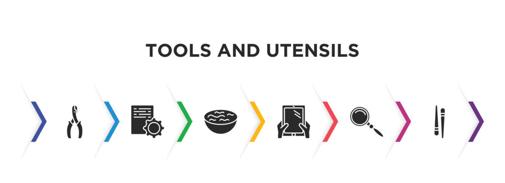 tools and utensils filled icons with infographic template. glyph icons such as wire cutter, program tings, water bowl, tablet with hand, searching tool, chopsticks vector.