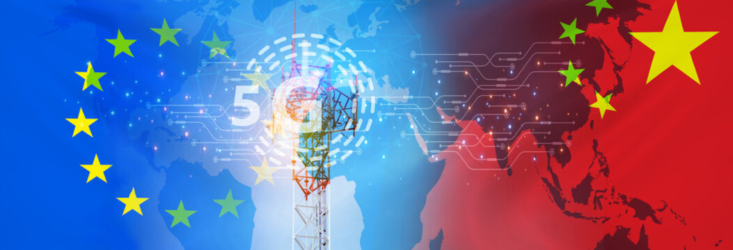 Chinese 5g technology in the EU concept. Telecommunication tower for 5g network. Europe and china flag. Communication technology. Mobile or telecom 5g network. Network connection business. 5g service.