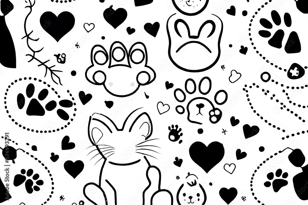 Aufkleber seamless cat pattern and balls. cat foot texture. pattern with cat pawprint and bones. cat texture. 