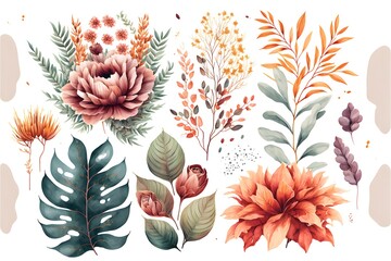 Knolling of plants, flowers, and leaves in vector form 