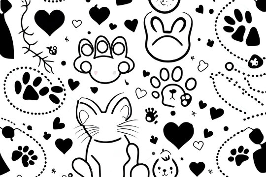 Seamless cat pattern and balls. cat foot texture. Pattern with cat pawprint and bones. cat texture. Hand drawn vector illustration in doodle style on white background, realistic. Generative Ai