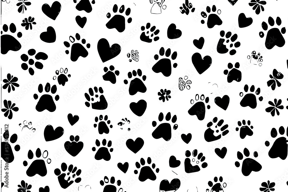 Aufkleber paw print and heart pattern background. generative ai