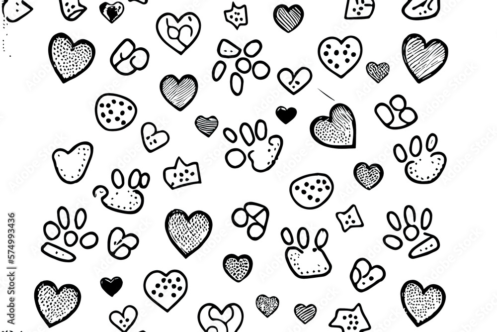 Poster paw print and heart pattern background. generative ai