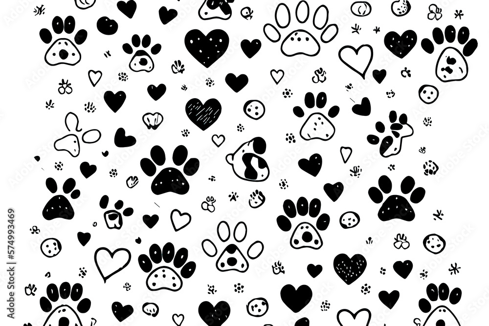 Poster paw print and heart pattern background. generative ai
