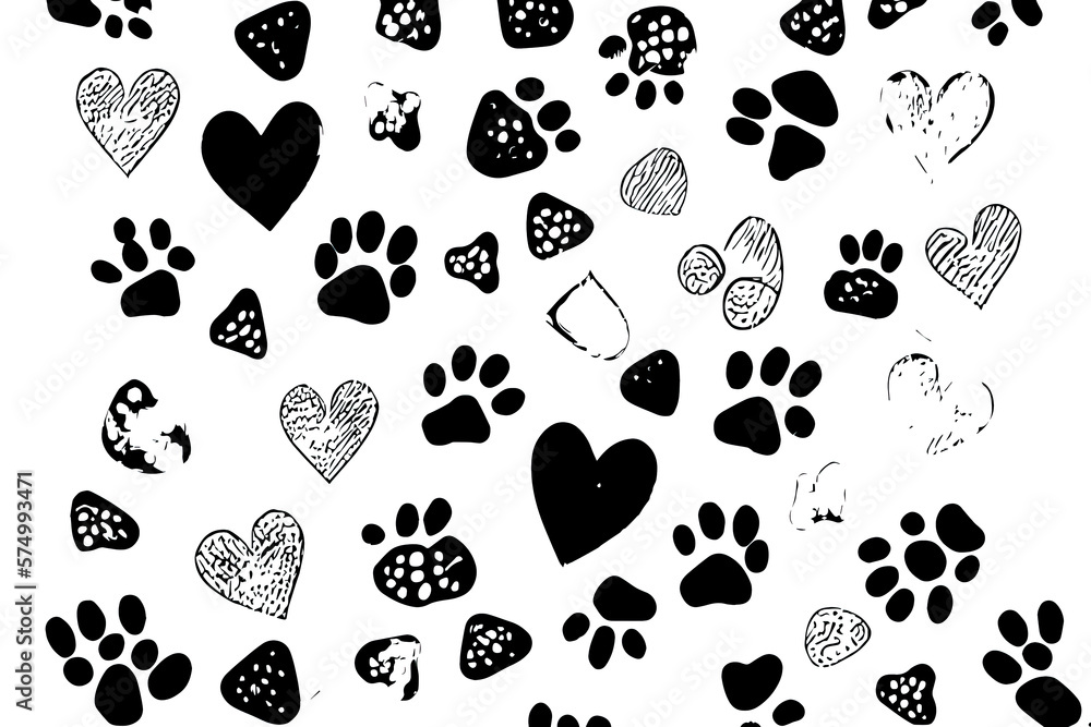 Poster paw print and heart pattern background. generative ai