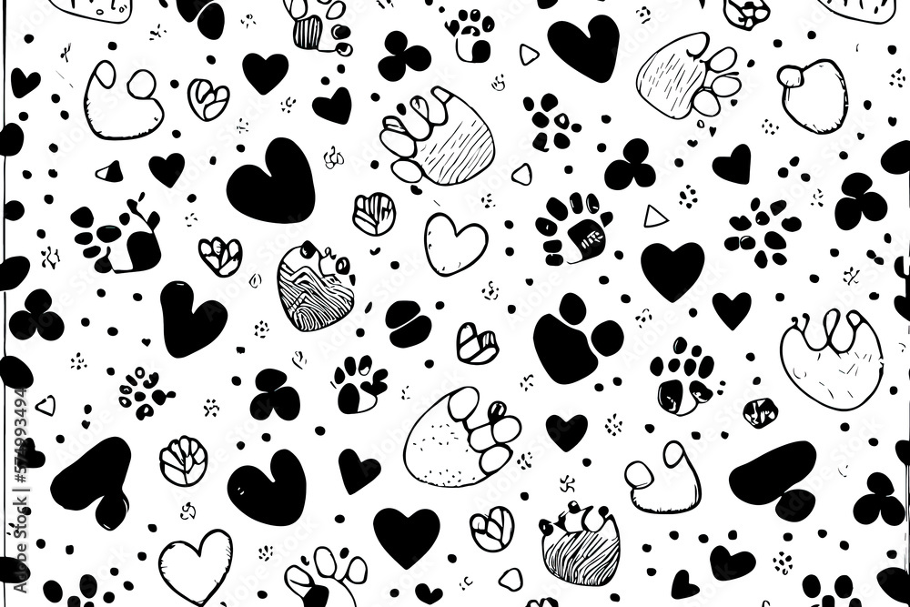 Poster paw print and heart pattern background. generative ai