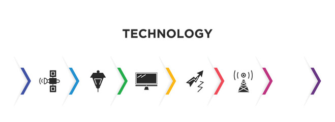 technology filled icons with infographic template. glyph icons such as space satellite, lamp post, cam with big len, screen blank, lightning arrow, media vector.