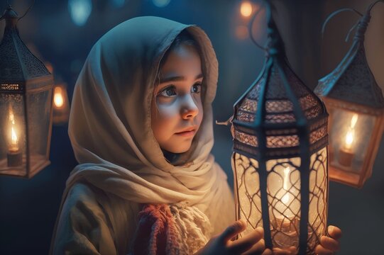 women wear turban hijab holding lantern at night, Generative AI