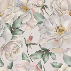 Seamless floral pattern with white roses hand-drawn painted in a watercolor style. The seamless...