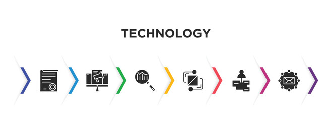 technology filled icons with infographic template. glyph icons such as declarations, content marketing, search engine marketing, structural elements, user-generated content, email marketing vector.