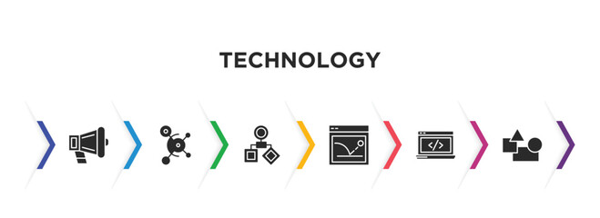 technology filled icons with infographic template. glyph icons such as call to action, social graph, user flow, bounce rate, back end, elements vector.