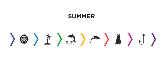 summer filled icons with infographic template. glyph icons such as lifeguard, island with palm trees, dolphin on water waves, jumping dolphin, dress, fish and hook vector. © IconArt