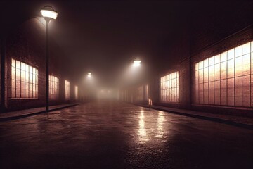 Dark factory warehouse alley at night. Generative AI - obrazy, fototapety, plakaty