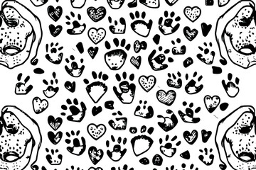 Fototapeta premium Seamless Lion pattern, Lion pawprint and bones. Lion texture. Hand drawn vector illustration in doodle style on white background, realistic. Generative Ai