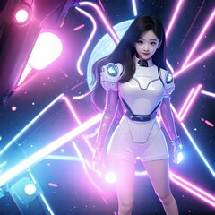 cyberpunk future asian woman in robot suit with neon light, generative art by A.I.