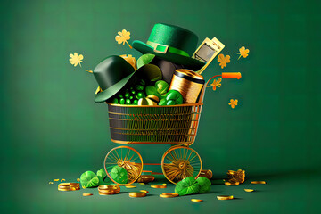 St patrick sale background supermarket shopping trolley with shamrock clover leaves leprechaun hat decor golden coins and chocolates in form of symbol of st patrician day, realistic. Generative Ai
