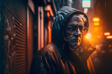 Street photography of an old man in a cinematic lighting