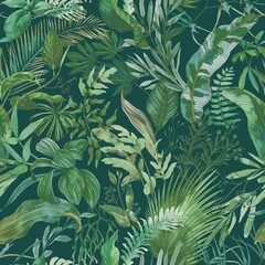 Tropical seamless pattern with exotic leaves.  Floral wallpaper painted in watercolor in green colors