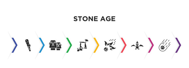 stone age filled icons with infographic template. glyph icons such as club, moai, dolmen, meteor, pterodactyl, meteorite vector. © IconArt