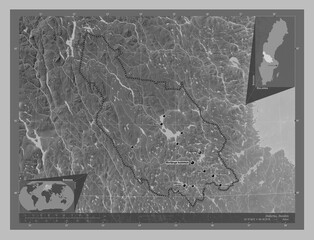 Dalarna, Sweden. Grayscale. Labelled points of cities