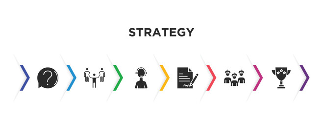 strategy filled icons with infographic template. glyph icons such as question, leader, customer support, agreement, workers, winner vector.