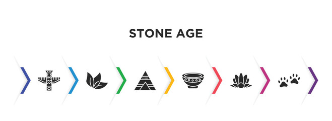 stone age filled icons with infographic template. glyph icons such as totem, leaf, tipi, plate, shellfish, paw print vector.