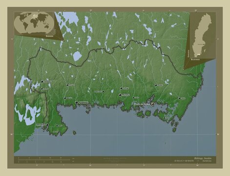 Blekinge, Sweden. Labelled points of cities